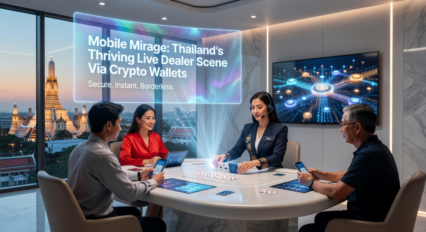 Thai players immersed in live dealer blackjack sessions on sleek mobile screens, with crypto wallet icons glowing nearby