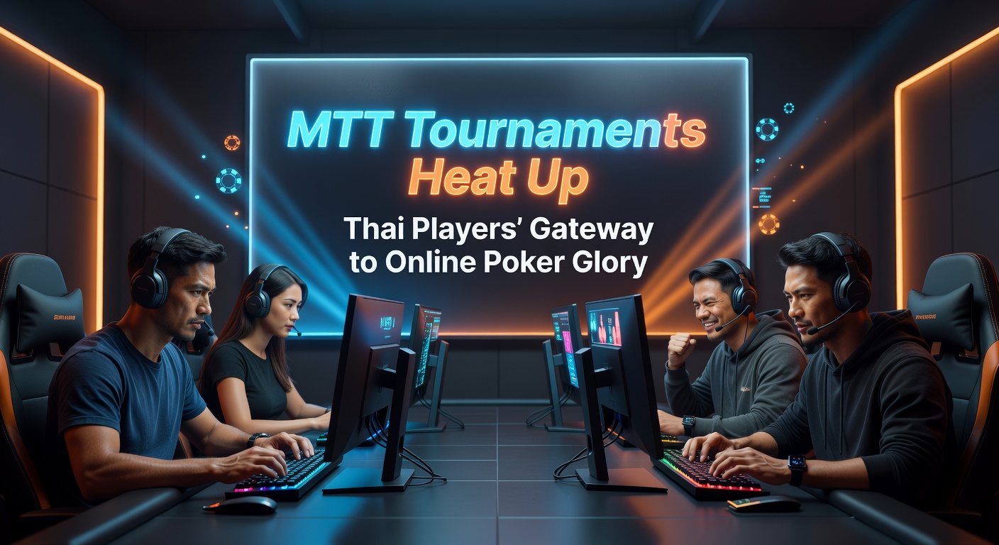 Vibrant online poker MTT tournament screen showing Thai players competing in a high-stakes event with rising chip stacks and leaderboard updates