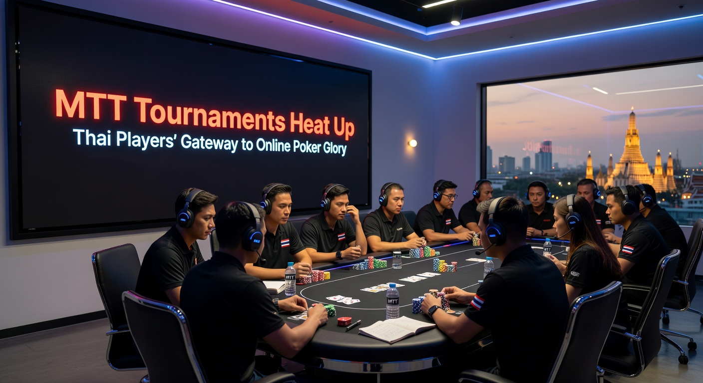 Group of focused Thai poker players reviewing MTT strategies on laptops during a late-night online session, with tournament overlays and chat windows visible